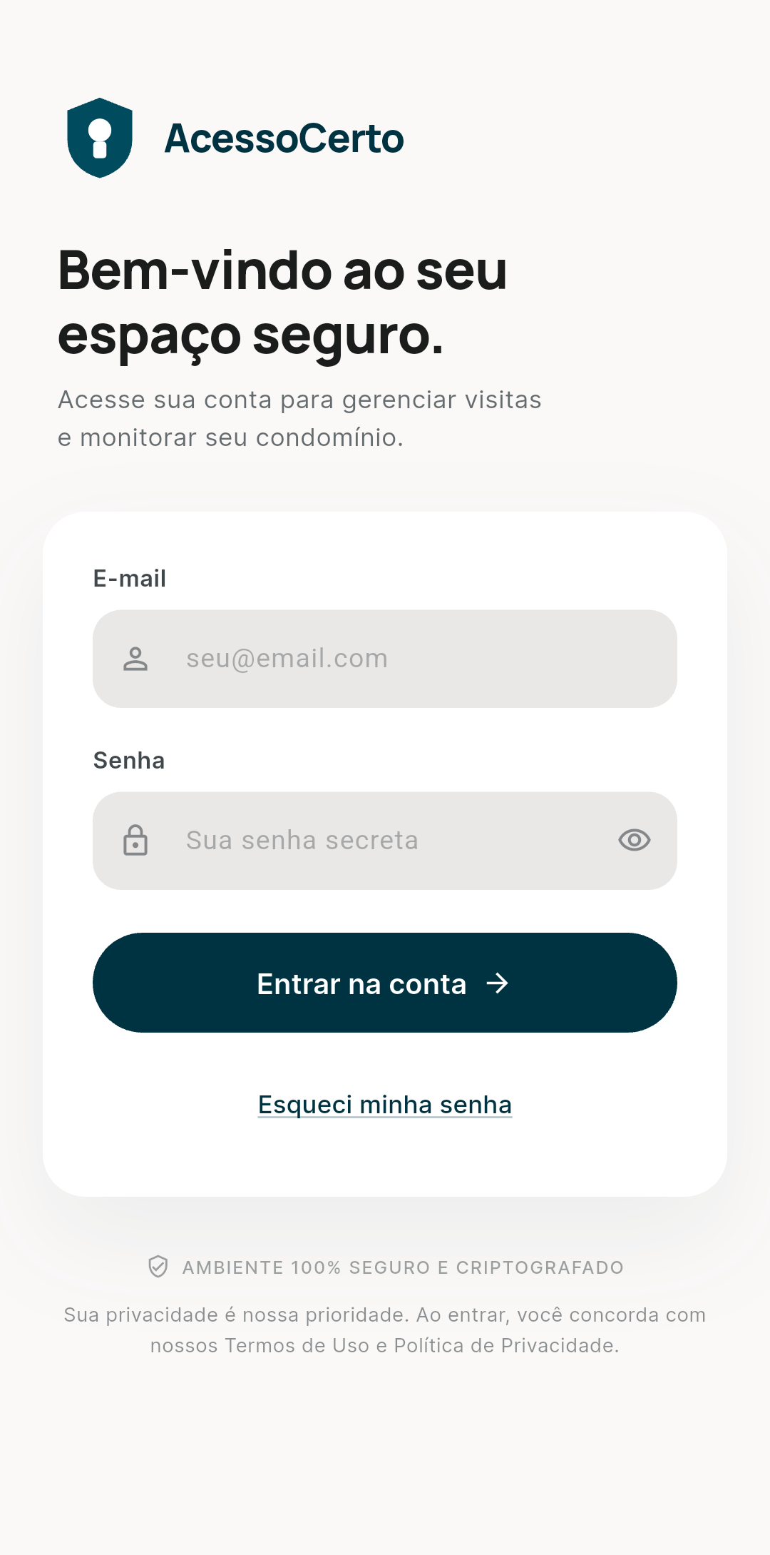 Tela de login AcessoCerto — sistema de gestão de acesso para condomínios